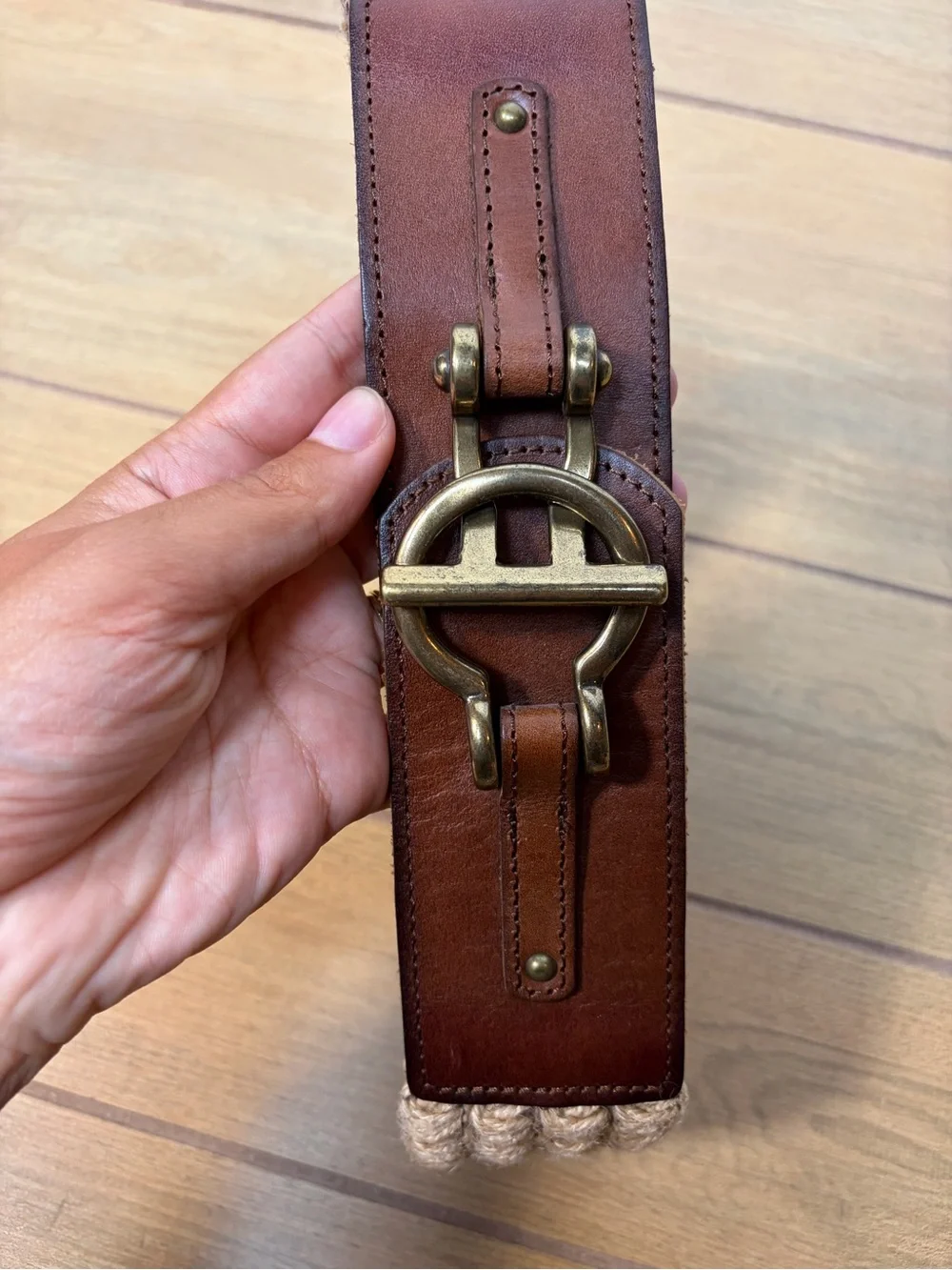 Fossil Woven Stretch Belt Leather Equestrian Buckle Cream Tan Boho